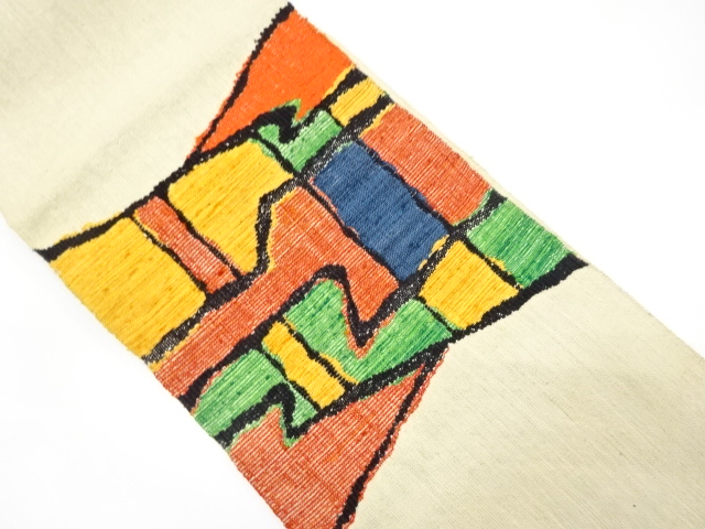 JAPANESE KIMONO / ANTIQUE NAGOYA OBI / MAWATA TSUMUGI / SILK / WOVEN ABSTRACT